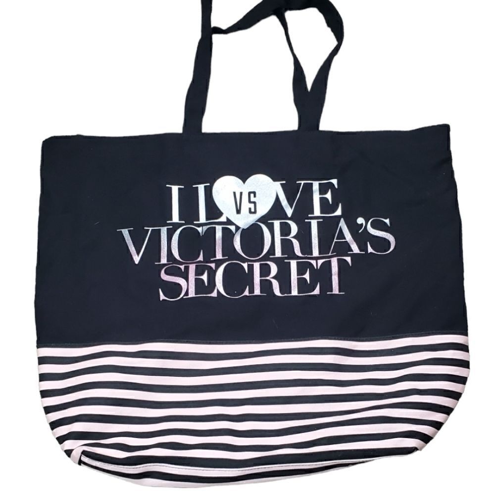 Victoria's Secret Blavk & Pink Striped Weekend Tote